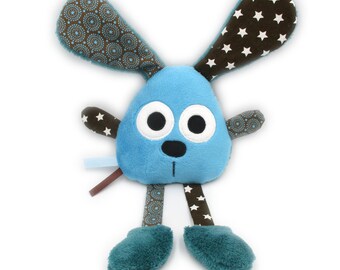 Doudou peluche lapin, bleu marron, coton polaire microfibre, personnalisable couleur, doudou bébé, fait-main, Pâques