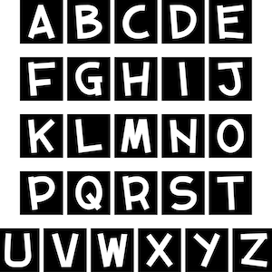 Può includere: Lettere dell'alfabeto in bianco e nero dalla A alla Z in uno schema a griglia.