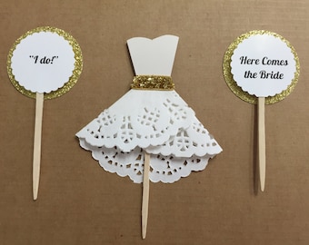 Bride Cake Toppers / Bride Cupcake Toppers / Wedding Dress Cupcake Toppers / White Dress Cupcake Toppers