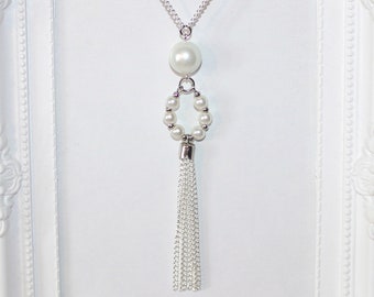 Flapper/1920's long silver necklace with large glass pearl, beaded drop & tassel