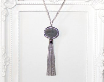 Flapper/1920's Long dark silver necklace with agate rhinestone sparkly tassel pendant