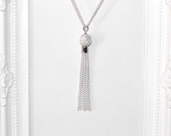 Flapper/1920's long silver plate necklace with Sparkledust bead & chain tassel pendant