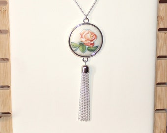 Long silver necklace with vintage style orange rose printed cabochon pendant & tassel