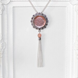 Flapper/1920's long silver necklace with light peach/coral/rose gold glass cabochon tassel pendant image 1