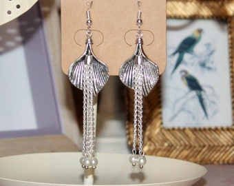 1920's/flapper Art Deco style silver Calla Lily and faux pearl tassel earrings