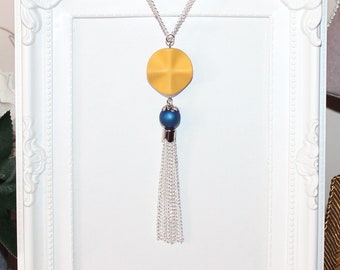 Long silver necklace with mustard yellow & teal blue focal beads tassel pendant