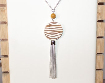 Safari Long Silver plate necklace with cream zebra print beaded tassel pendant