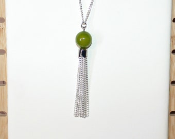 Long silver necklace with khaki agate focal bead and tassel pendant