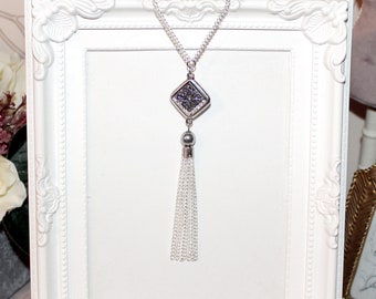 Vintage/flapper/Gatsby/1920's silver necklace with silver druzy and rhinestone pendant & tassel