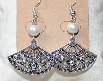 1920's/flapper Art Deco style silver fan and faux pearl drop earrings