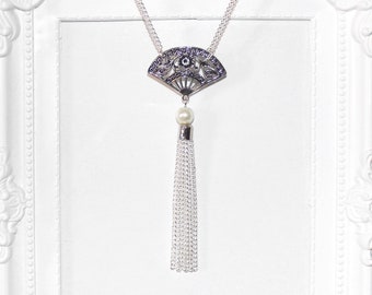 Flapper/Gatsby/1920's silver necklace with deco style fan & faux pearl tassel pendant