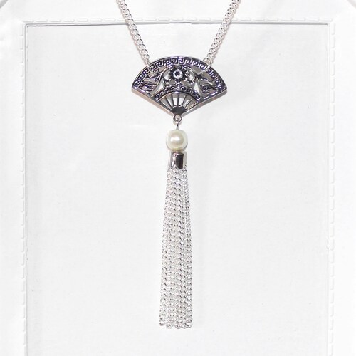 Flapper/1920's Long Silver Plate Necklace With Pearl & - Etsy