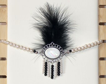 1920's/flapper faux pearl beaded headband with black feather embelishment