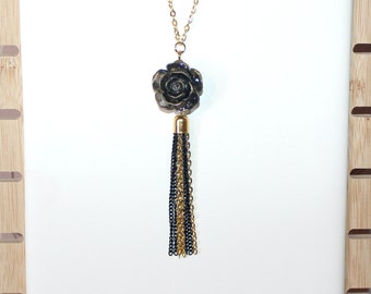 Flapper/Gatsby/1920's long black gold necklace with carved rose bead & tassel