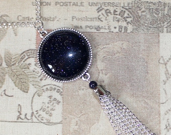 Flapper//1920/'s style long silver necklace Oval blue goldstone pendant and tassel