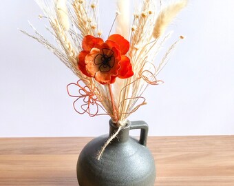 Handmade dried and wire flower posy in cream and orange tones 30cm tall