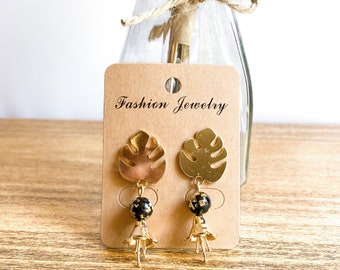 Art Deco style Black & Gold floral leaf drop earrings