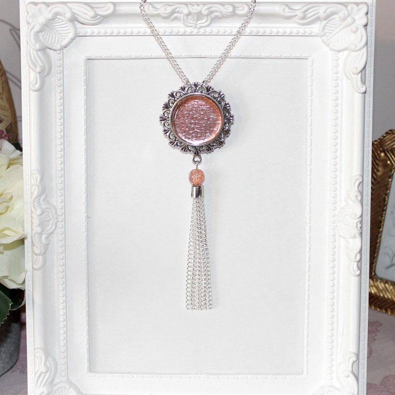 Flapper/1920's long silver necklace with light peach/coral/rose gold glass cabochon tassel pendant image 1