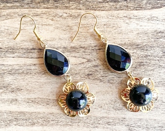 Art Deco style Black & Gold floral tear drop agate earrings
