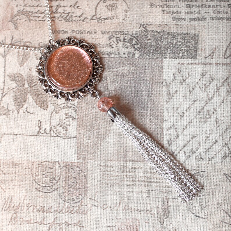 Flapper/1920's long silver necklace with light peach/coral/rose gold glass cabochon tassel pendant image 4