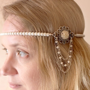 Ivory faux pearl beaded 1920's flapper/Great Gatsby/wedding headband with resin rose & diamanté cabochon and drop chains