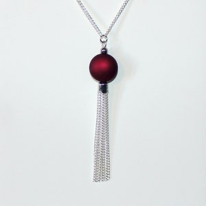 Long silver necklace with burgundy red focal bead and tassel pendant image 6