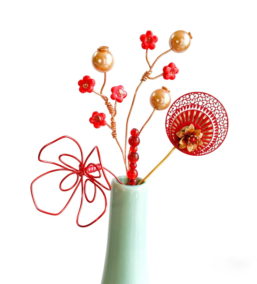 Handmade Art Deco Style Wire Flower Christmas Decoration in Red and ...