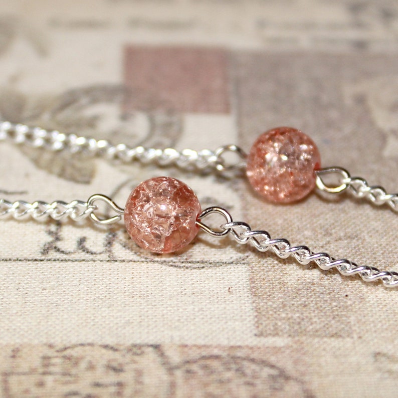 Flapper/1920's long silver necklace with light peach/coral/rose gold glass cabochon tassel pendant image 3