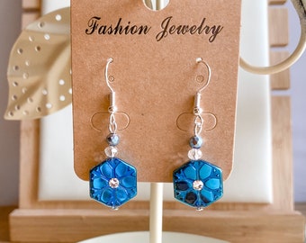Iridescent blue glass snowflake beaded earrings silver plated
