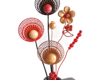 Handmade Art Deco inspired Wire flower posy red, black and gold tones 27cm tall