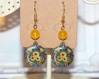 Mustard yellow and blue flower pattern enamel gold drop earrings