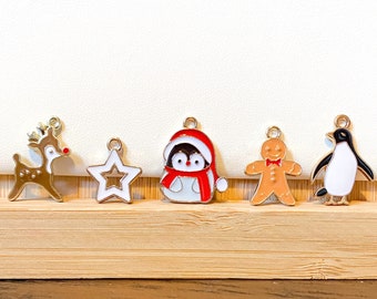 Cute enamel Christmas charms x3 Penguins Reindeer Gingerbread Man Stars