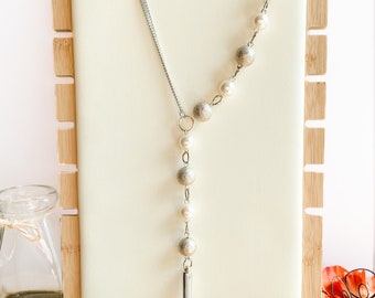 Long silver tone sparkle dust and faux pearl beaded lariat necklace