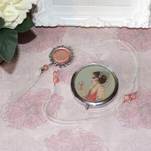 Flapper/1920's long silver necklace with light peach/coral/rose gold glass cabochon tassel pendant image 2