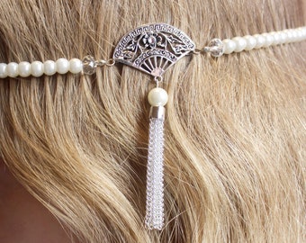 Ivory glass pearl bead flapper/Gatsby/wedding headband with silver art deco style fan, pearl and chain tassel