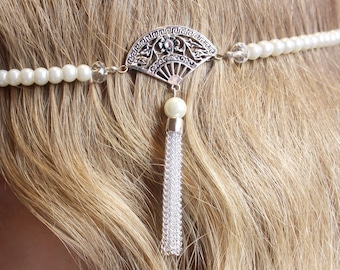 Ivory glass pearl bead flapper/Gatsby/wedding headband with silver art deco style fan, pearl and chain tassel