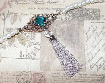 vintage/flapper/Gatsby/1920s style silver deco glass pearl headband with abalone shell cabochon and tassel