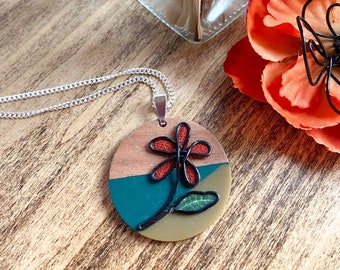 Handmade wire flower wood and resin mix pendant and long necklace