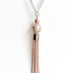 Long silver and rose gold plated tassel necklace with floral glass pearl focal beaded pendant image 1