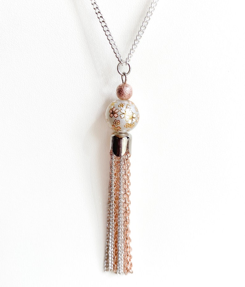 Long silver and rose gold plated tassel necklace with floral glass pearl focal beaded pendant image 1