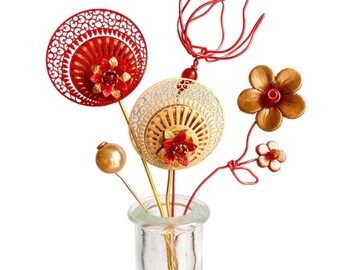 Handmade Art Deco inspired Wire and Faux Leather flowers Christmas decoration in red and gold tones 26cm tall