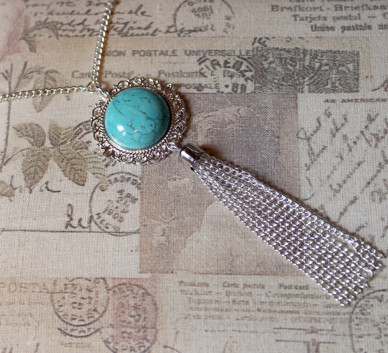 Vintage/flapper/Gatsby/1920's Long silver necklace, turquoise pendant & tassel