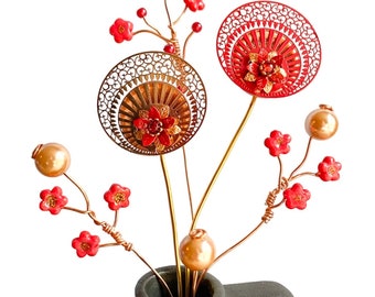 Handmade Art Deco inspired Wire flower Christmas decoration in red and gold tones 25.5cm tall