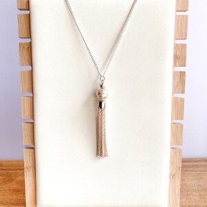 Long silver and rose gold plated tassel necklace with floral glass pearl focal beaded pendant image 7
