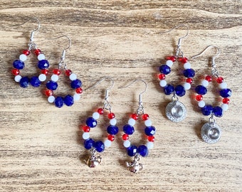Red, white and blue Afternoon Tea themed beaded teardrop pendants earrings
