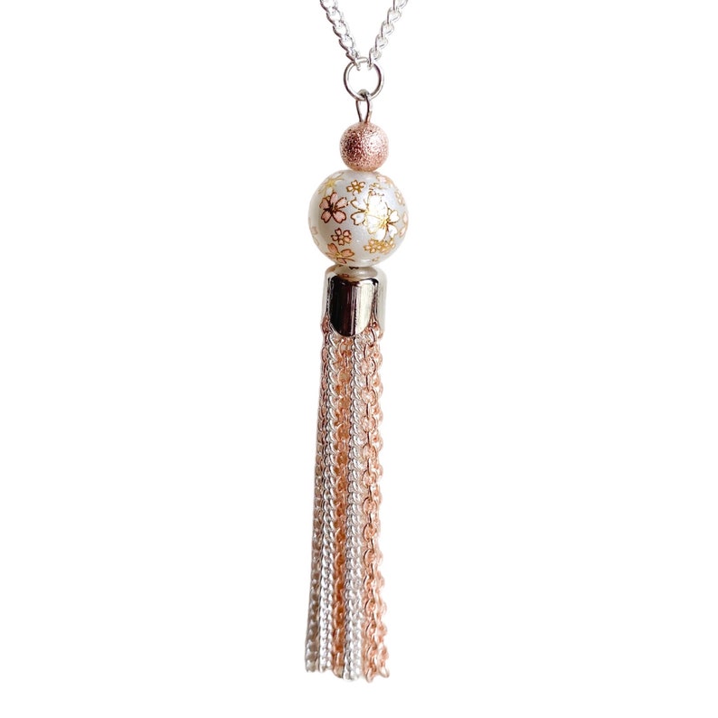 Long silver and rose gold plated tassel necklace with floral glass pearl focal beaded pendant image 6