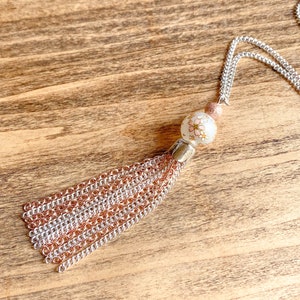 Long silver and rose gold plated tassel necklace with floral glass pearl focal beaded pendant image 3