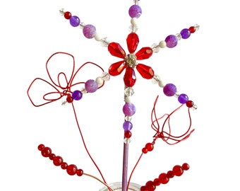 Handmade Beaded snowflake and wire flowers Christmas bottle vase decoration in red and purple tones 29cm tall