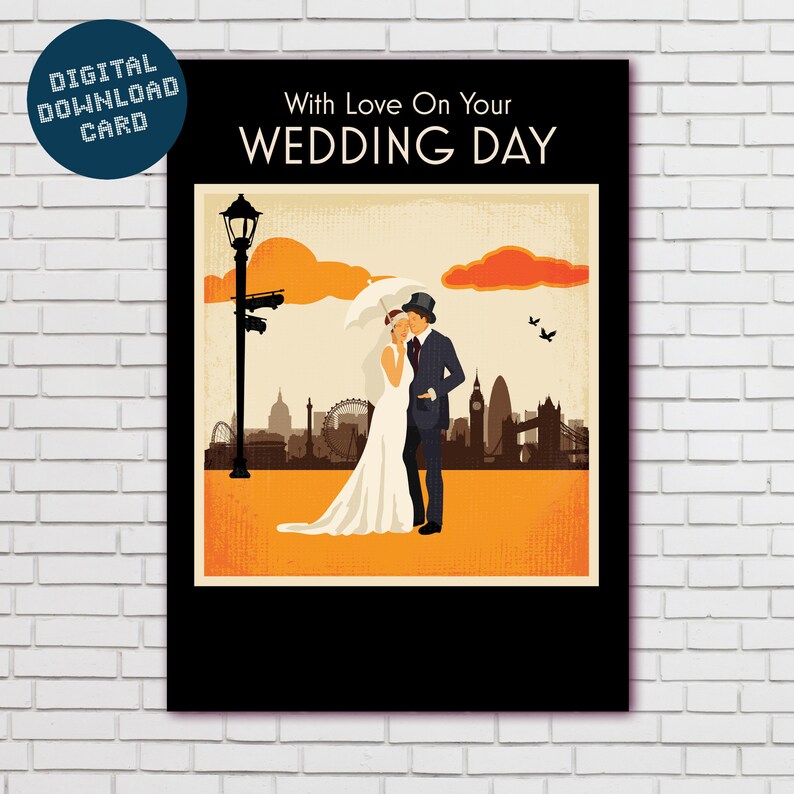 Vintage style London themed Wedding card Digital download With Love On Your Wedding Day
