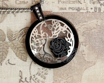 Two tone round carved Rose pendant and necklace available in black/silver or rose gold/silver